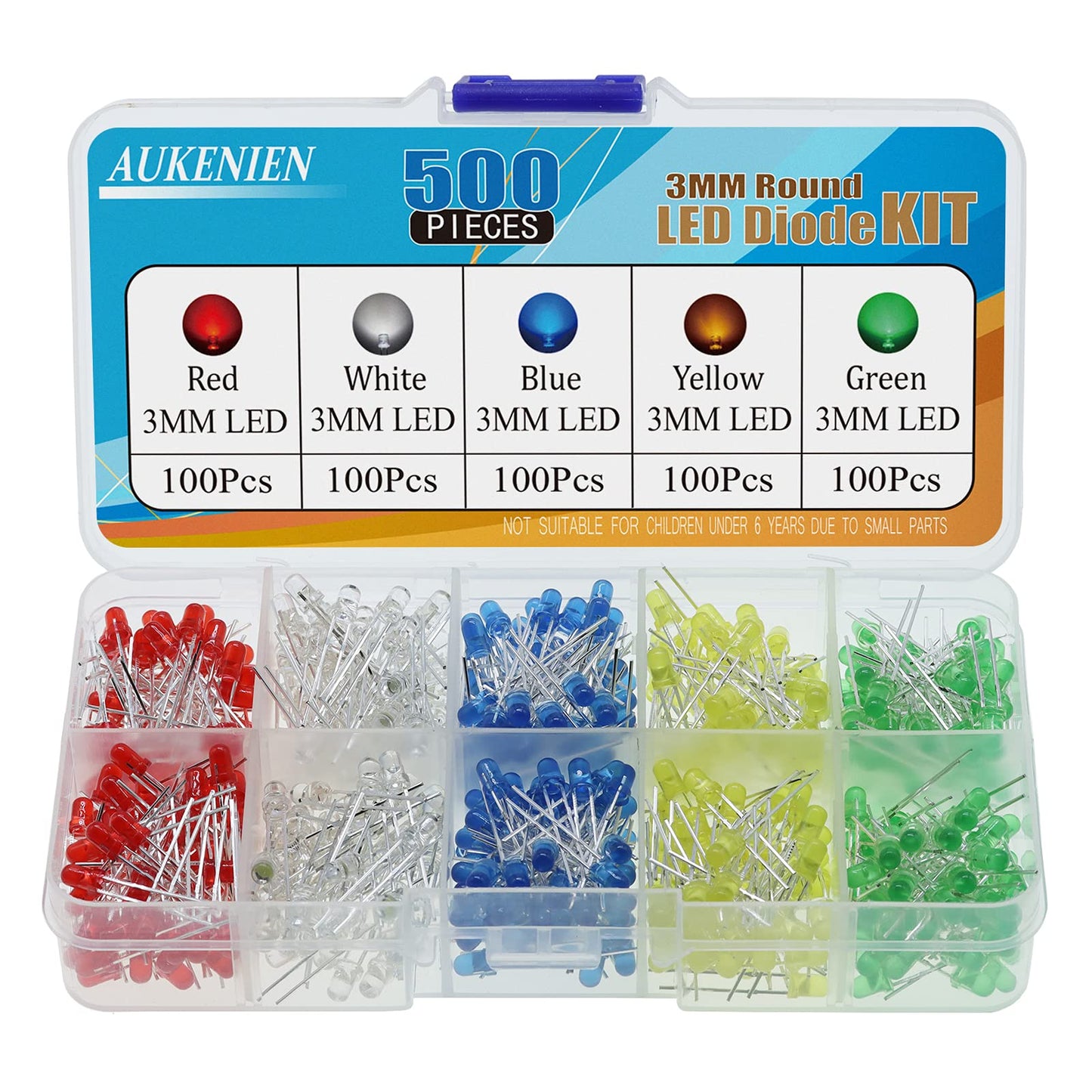 AUKENIEN Diodi LED 3MM 15 Colori 450 pezzi Diodo LED Kit Diode Elettronica Emissione Luce Rotondo Trasparente Rosso Blu Giallo Verde Bianco Caldo Arancione Rosa Viola Chartreuse